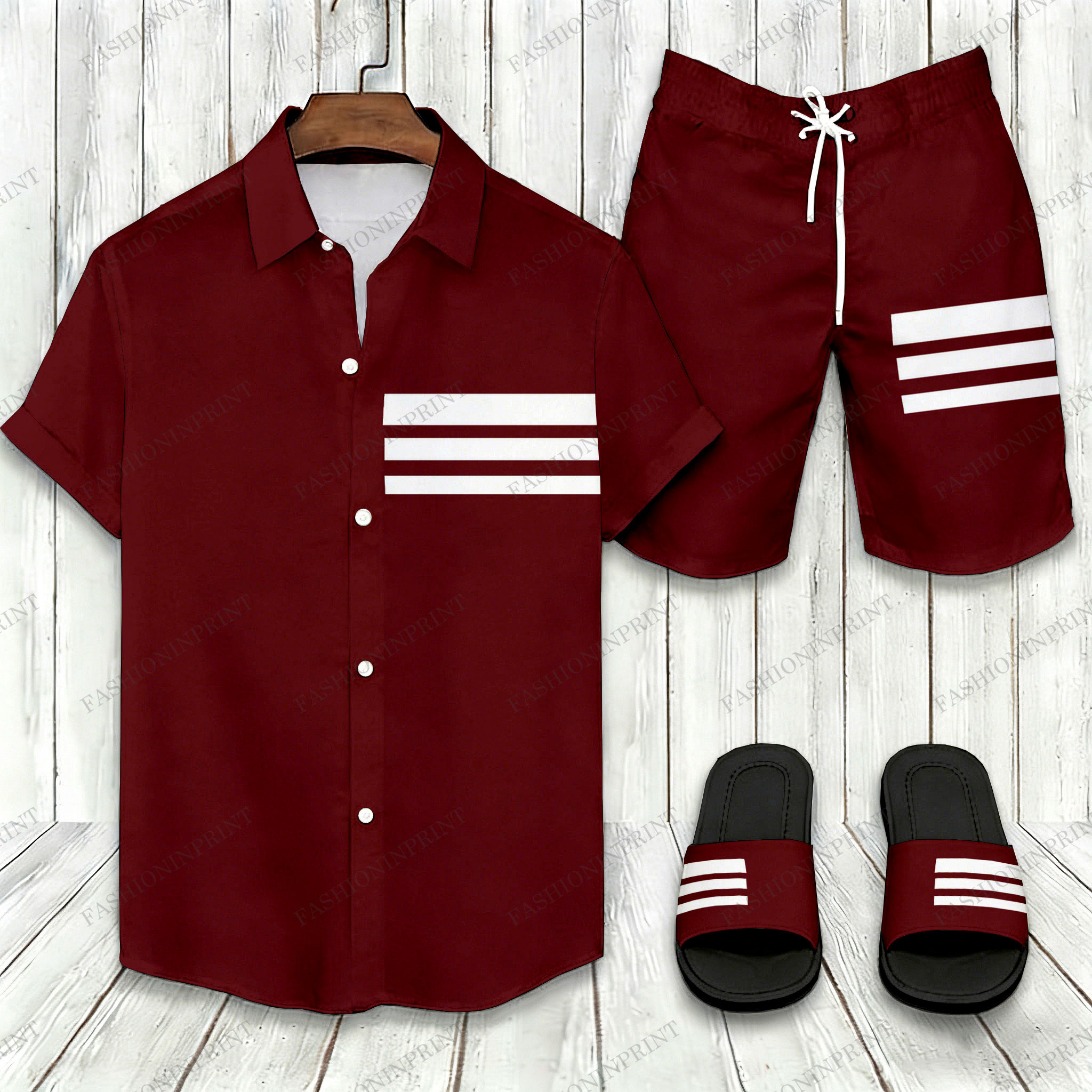 Men's Casual Burgundy Color Matching Striped Print Short-Sleeve Shirt & Shorts & Slippers Three - Piece Set