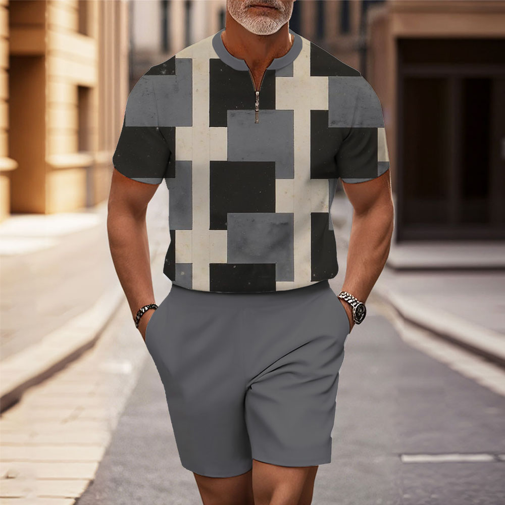Men's Fashion Casual Round-Neck Geometric Printed Short-Sleeved Two-Piece Set