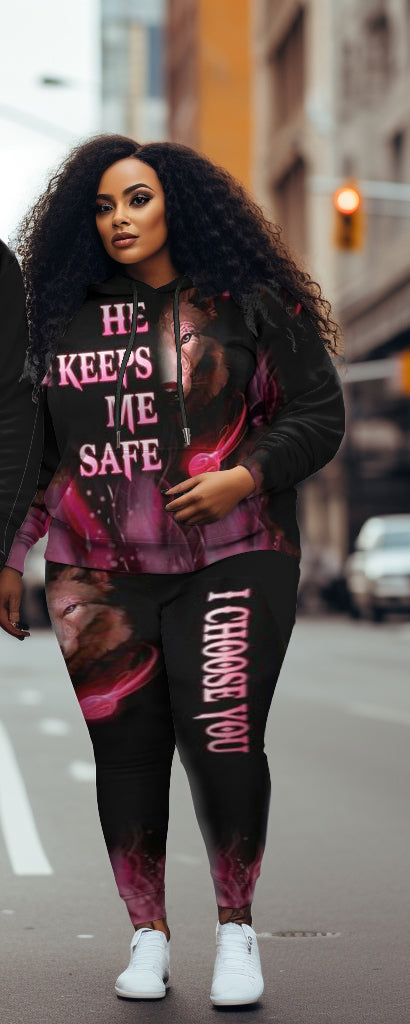 Couple Big and Tall  Wolf Hoodie And Sweatpants Set He Keeps Me Safe She Keeps Me Wild Pink And Blue