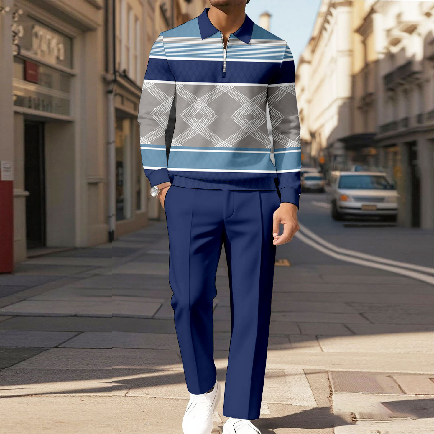 Men's Casual Color Matching Printed Polo-Collar Zipper Long Sleeved Trousers Two-Piece Set