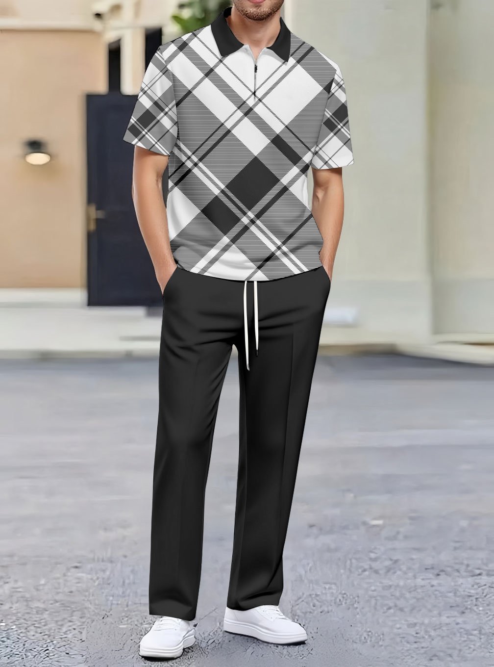 Men's Color Matching Striped Printed Polo-Collar Zipper Short Sleeved Trousers Two-Piece Set