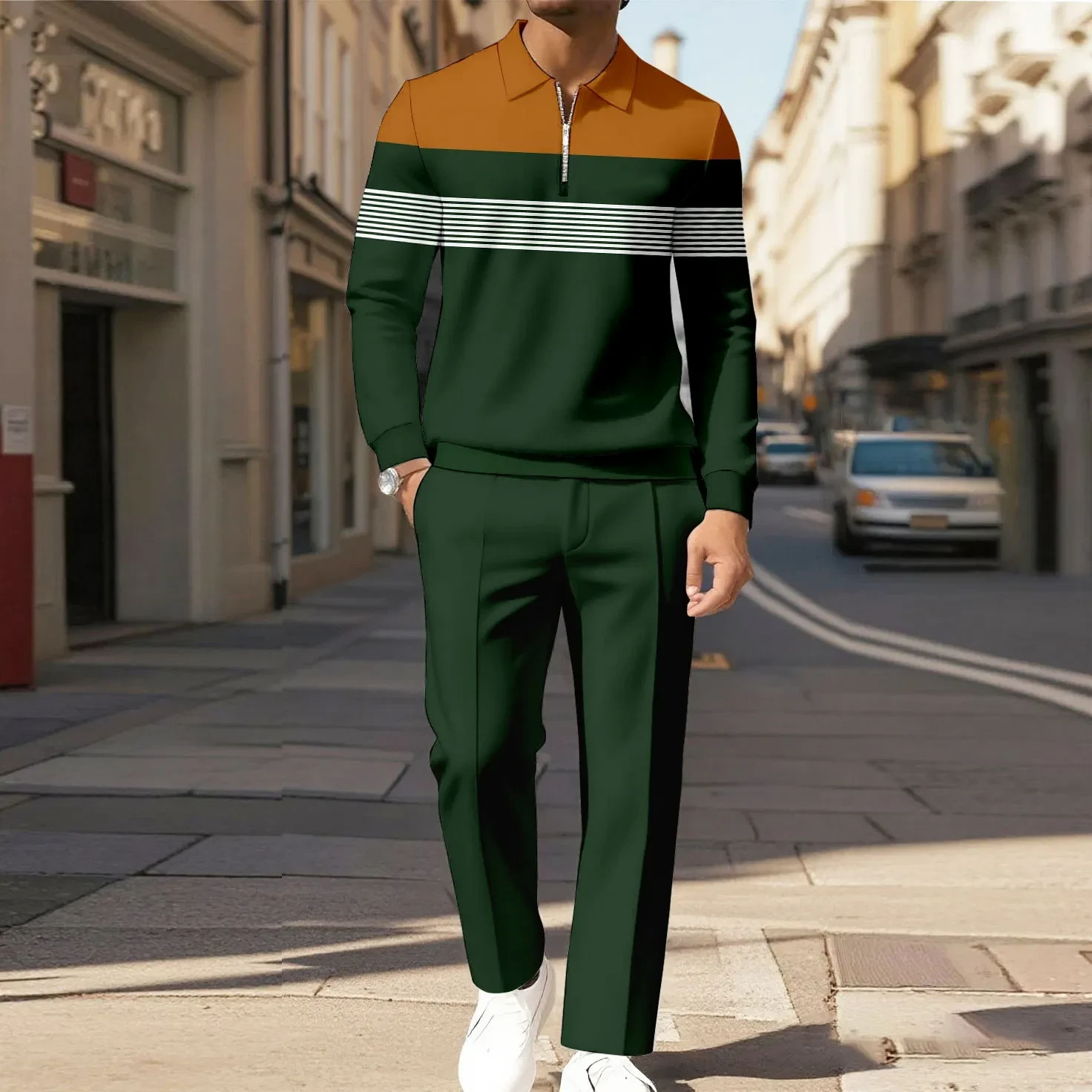 Men's Casual Color Matching Printed Polo-Collar Zipper Long Sleeved Trousers Two-Piece Set