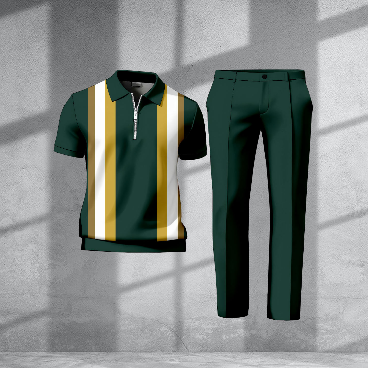 Men's Casual Green Mult Color Matching Striped Printed Zipper Short Sleeved Polo Shirt & Trousers Two-Piece Set