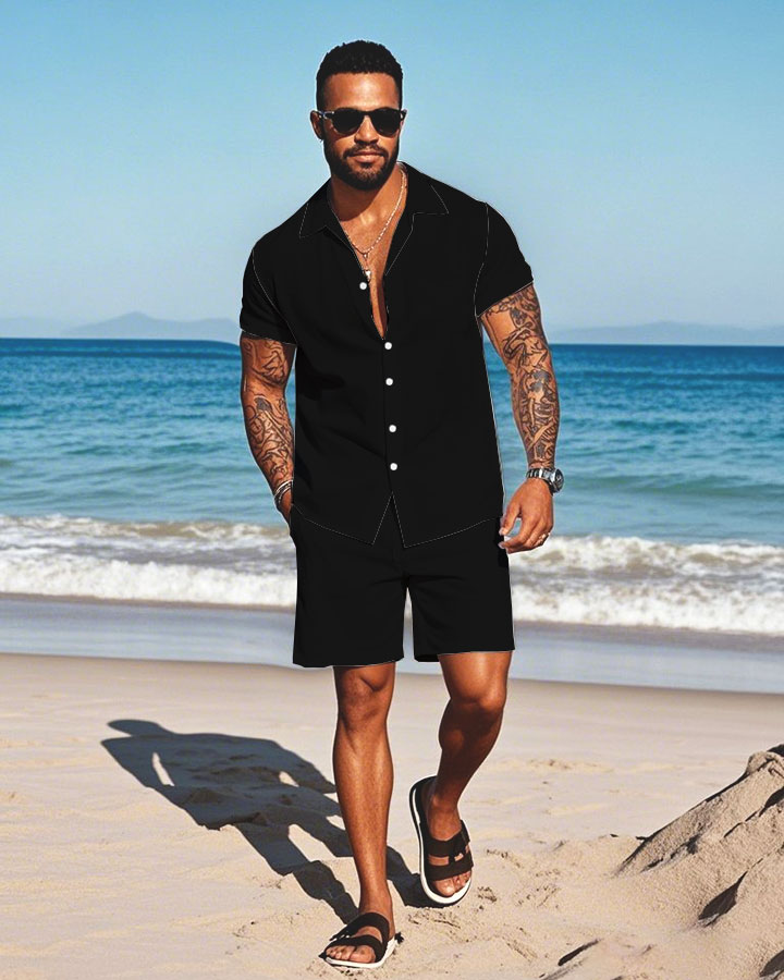 Men's Fashion Casual Lapel Collar Solid Color Short-Sleeved Two-Piece Set