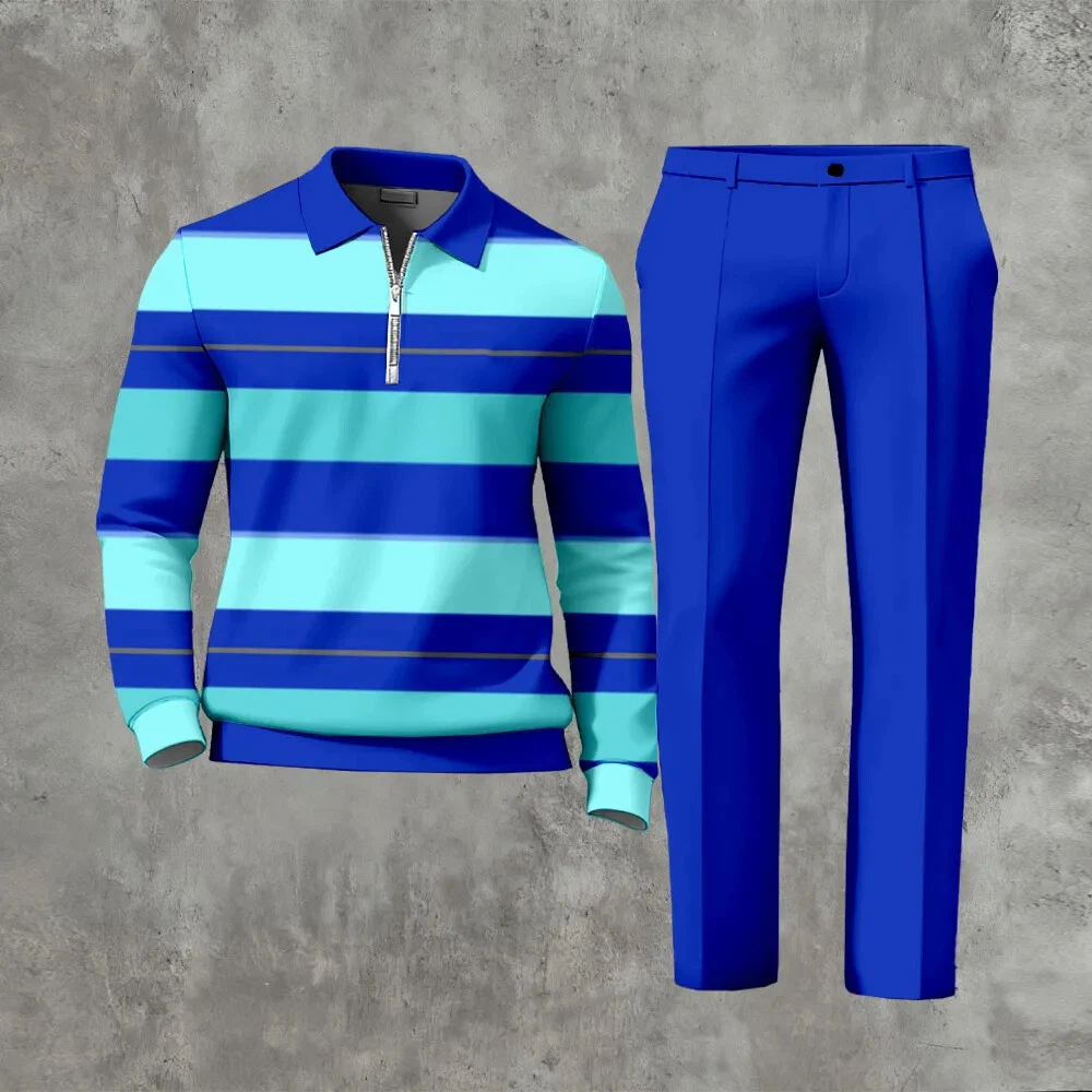 Men's Casual Color Matching Printed Polo-Collar Zipper Long Sleeved Trousers Two-Piece Set