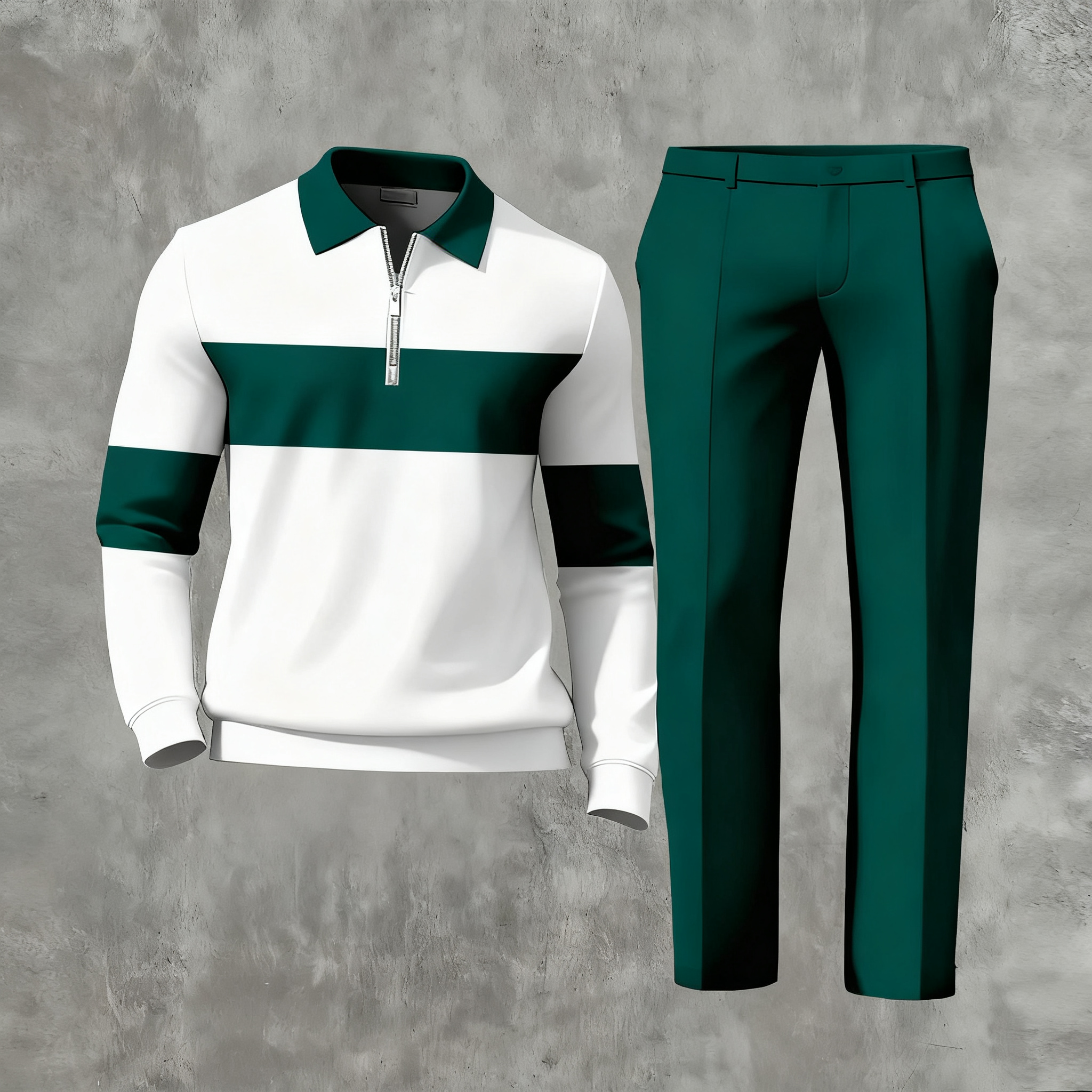 Men's Casual Color Matching Printed Polo-Collar Zipper Long Sleeved Trousers Two-Piece Set