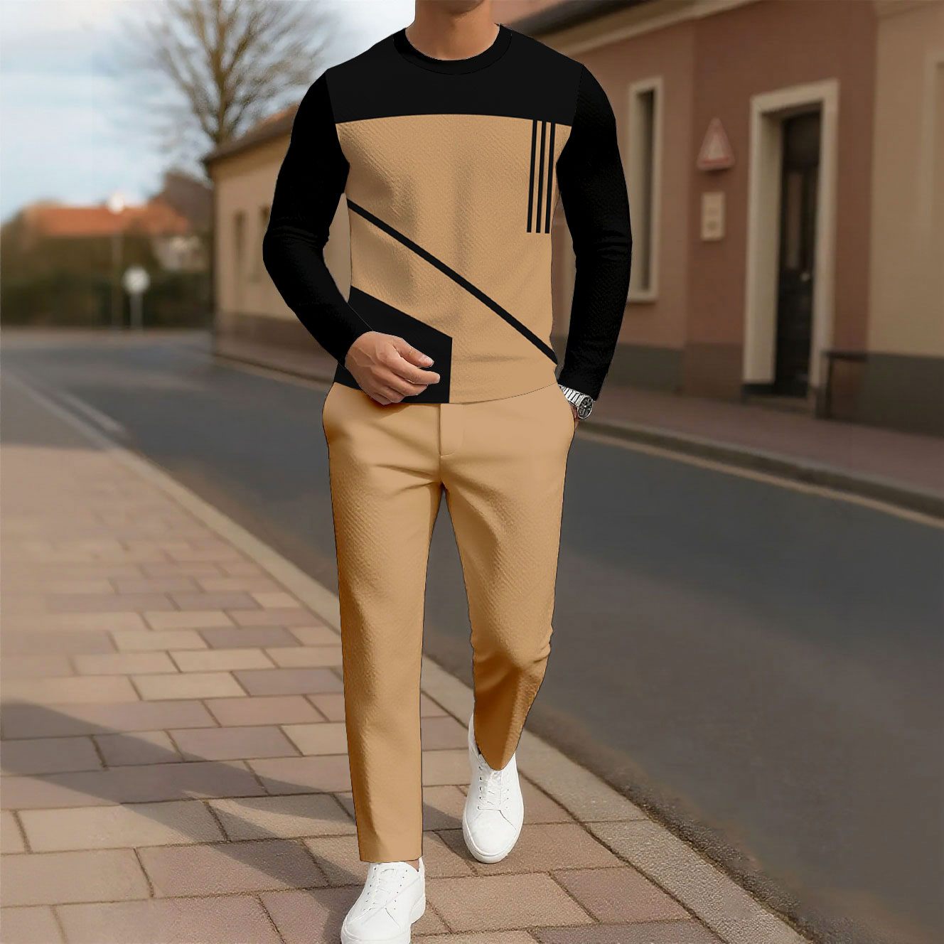 Men's Casual Color Matching Printed Round Neck Long Sleeved Trousers Two-Piece Set