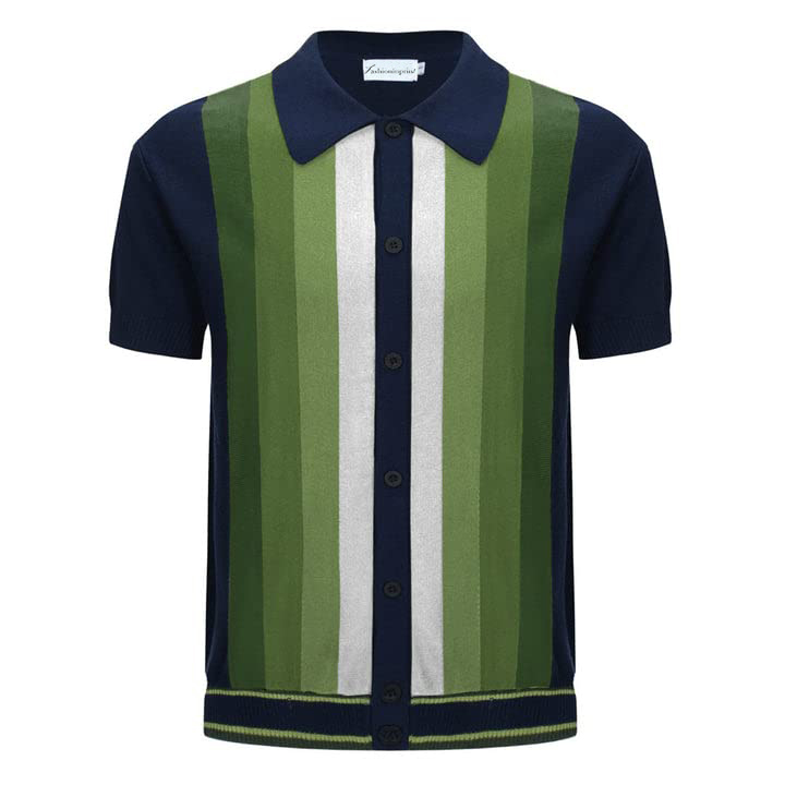 Men's Navy Blue & Green Color Matchhing Striped Printed Short Sleeve Polo Shirt 199702