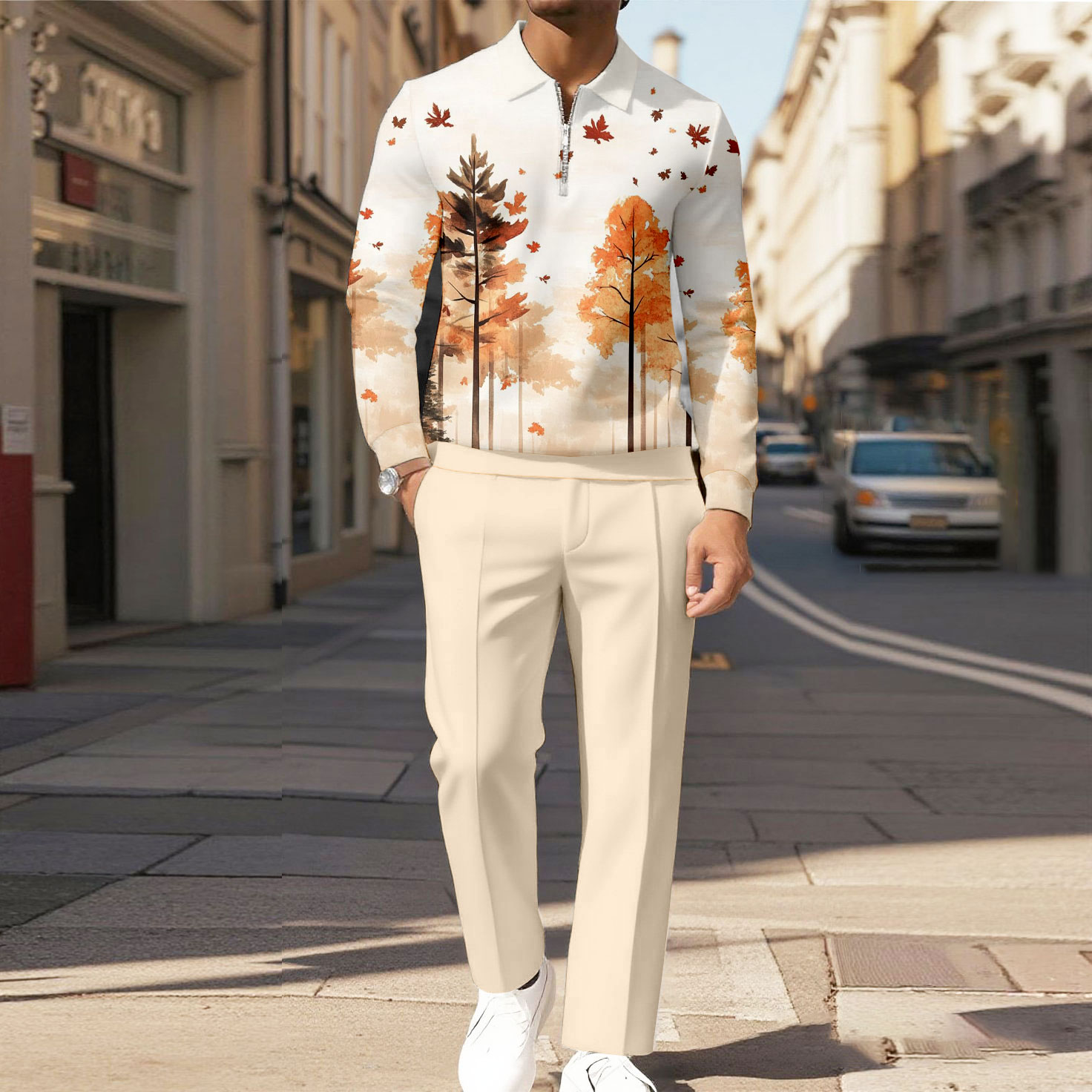 Men's Casual Color Matching Printed Polo-Collar Zipper Long Sleeved Trousers Two-Piece Set 1014