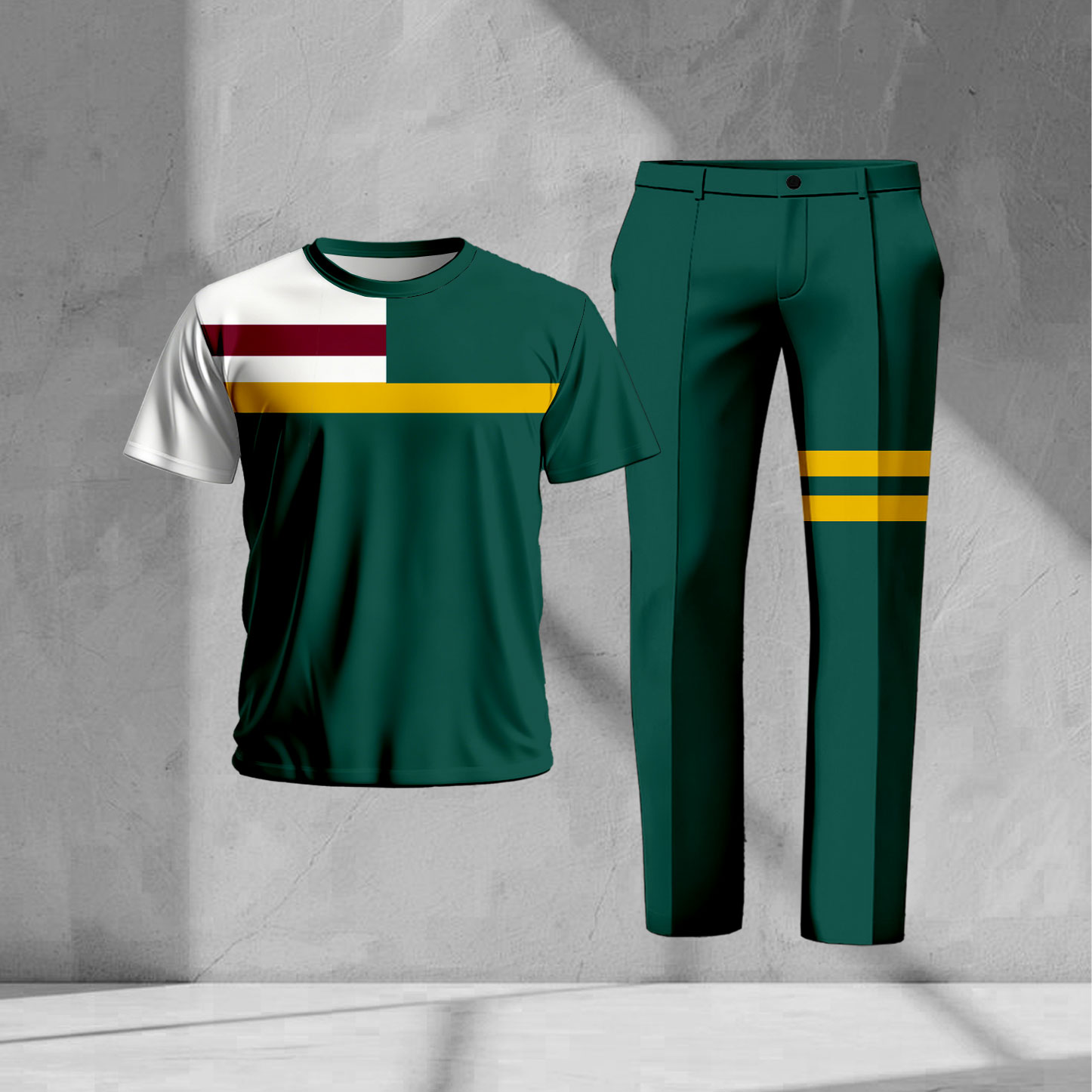 Men's Casual Green & Yellow Color Matching Geometric Printed Short Sleeved T-Shirt & Trousers Two-Piece Set