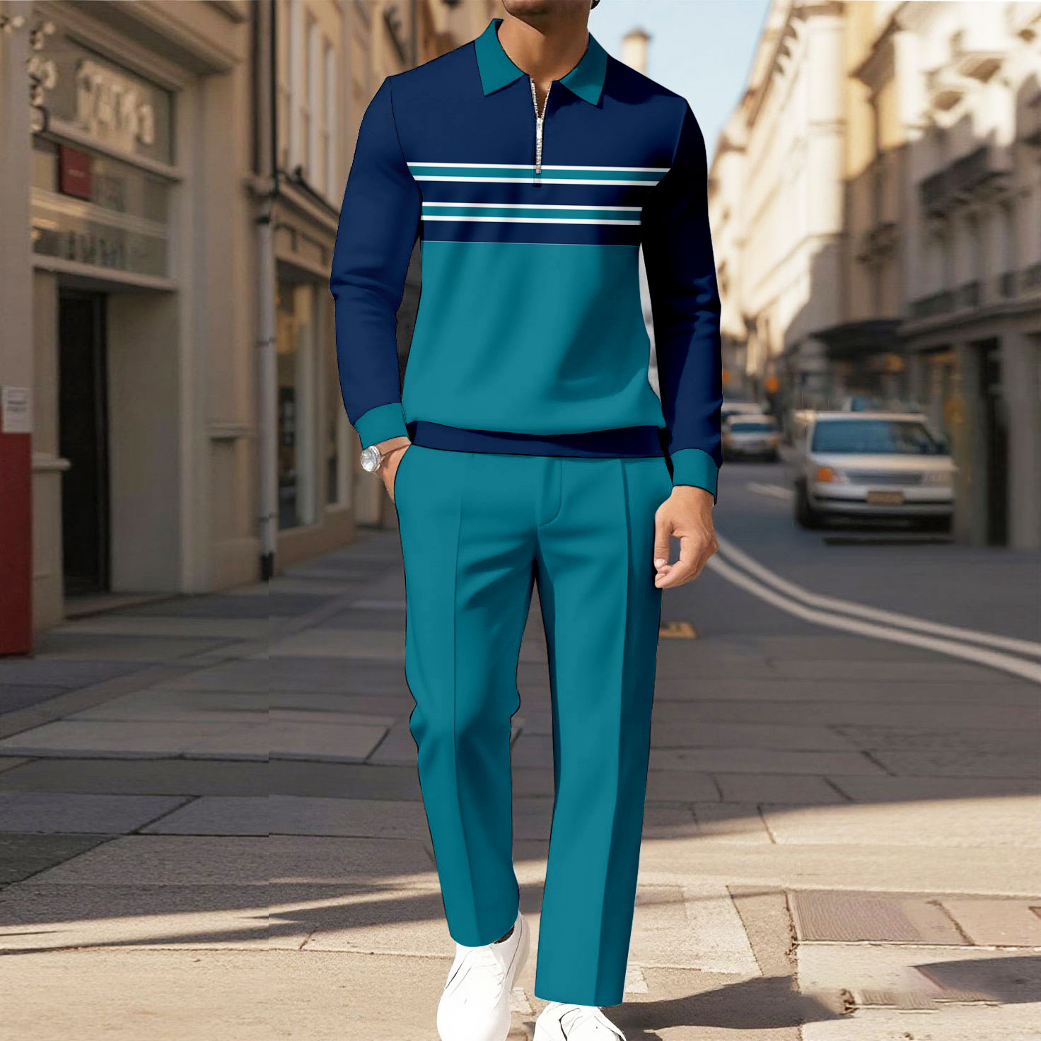 Men's Casual Color Matching Printed Polo-Collar Zipper Long Sleeved Trousers Two-Piece Set 1031