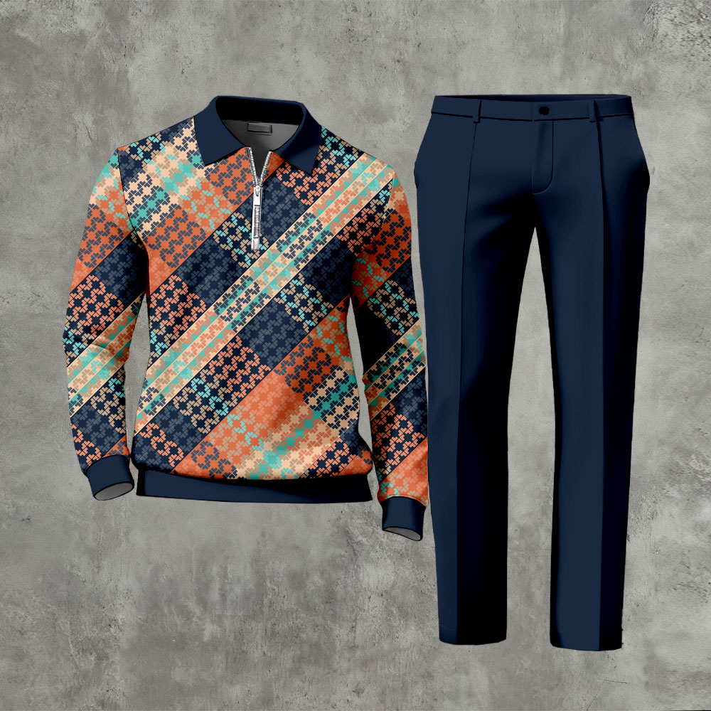 Men's Casual Multicolored Plaid Printed Polo-Collar Zipper Long Sleeved Trousers Two-Piece Set