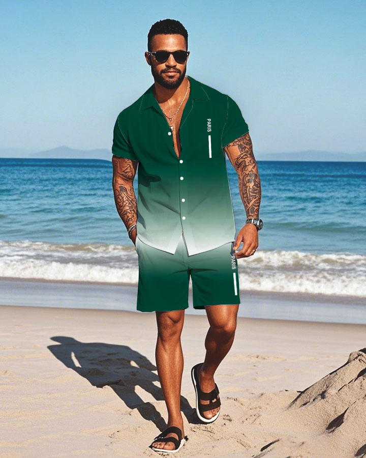 Men's Fashion Casual Lapel Collar Geometric Printed Short-Sleeved Two-Piece Set