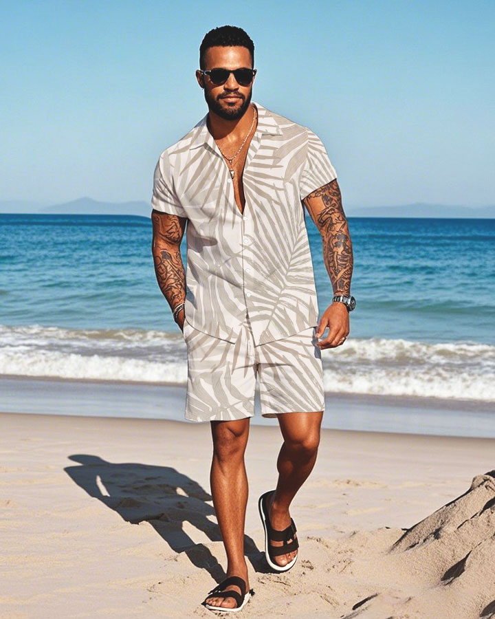 Men's Fashion Casual Lapel Collar Geometric Printed Short-Sleeved Two-Piece Set