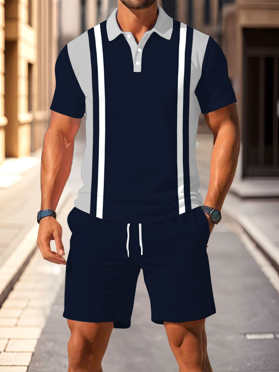 Men's Fashion Casual Polo Collar Geometric Printed Short-Sleeved Two-Piece Set