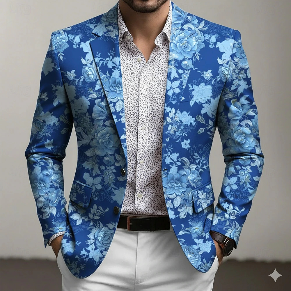 Men's Floral Print Blazer Jacket Coat Fashion Comfortable Breathable Artistic Casual Daily Formal Party Evening Wear 3D Print Buttons Multi Pocket Fall & Winter Spring Notch Long Sleeve Blue Purple