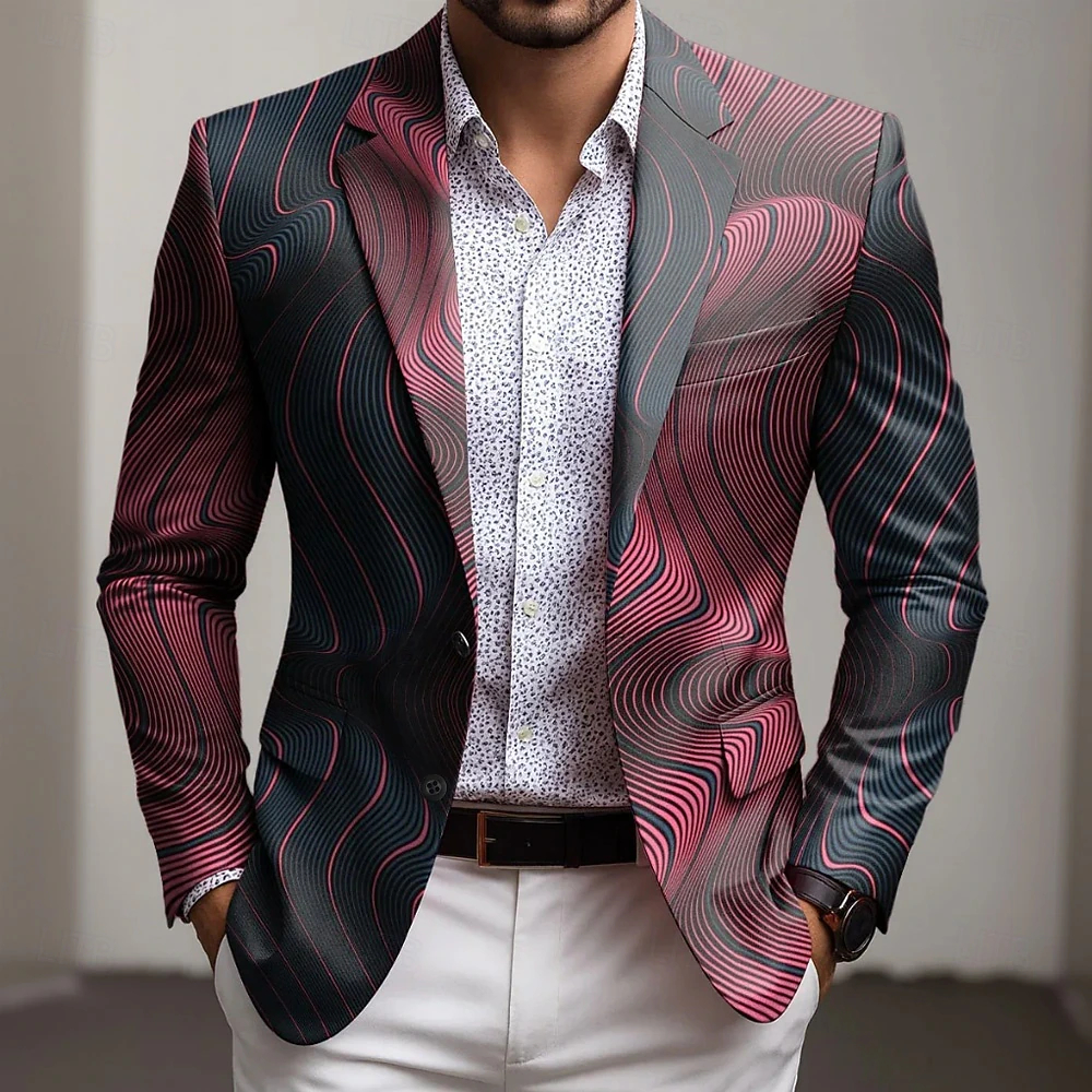  Men's Geometic Blazer Jacket Coat Comfortable Breathable Artistic Casual Daily Party Evening Wear Causal Pocket 3D Print Buttons All Seasons Notch Long Sleeve Blue Red Green