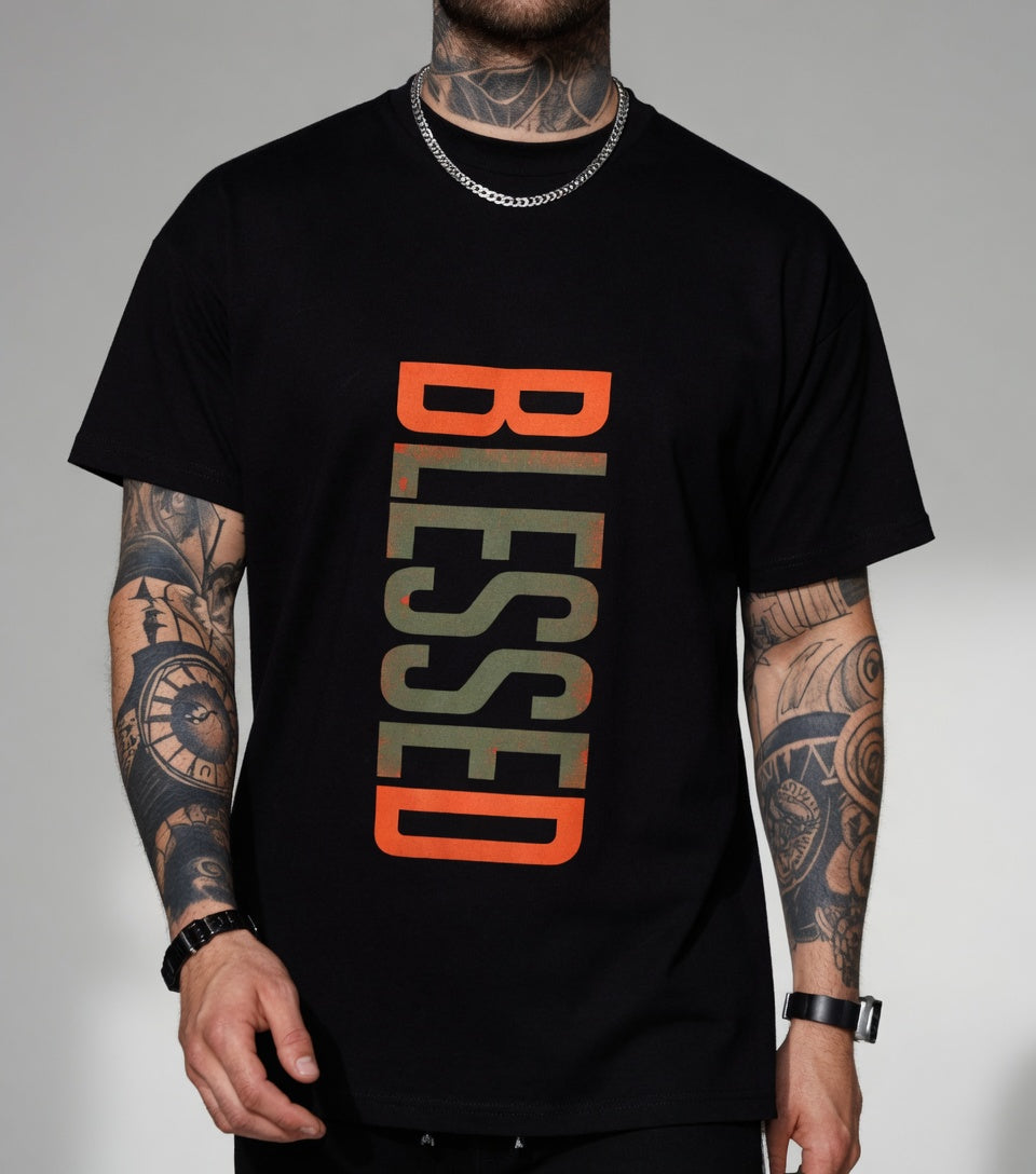 Men's  Cotton "BLESSED" Graphic T-Shirt, Casual Streetwear Tee