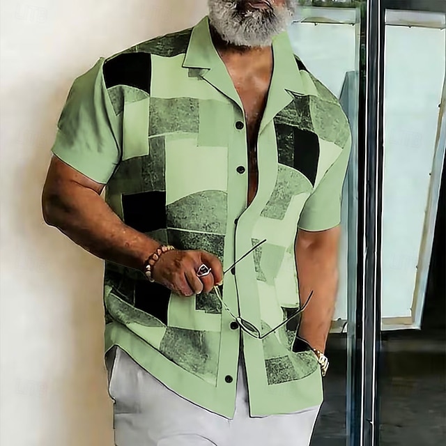 Men's Geometric Color Block Shirt Button Up Shirt Camp Collar Shirt Short Sleeve Fashion Casual Streetwear Vacation Summer Spring Cuban Collar 3D Print Blue Green Khaki Gray