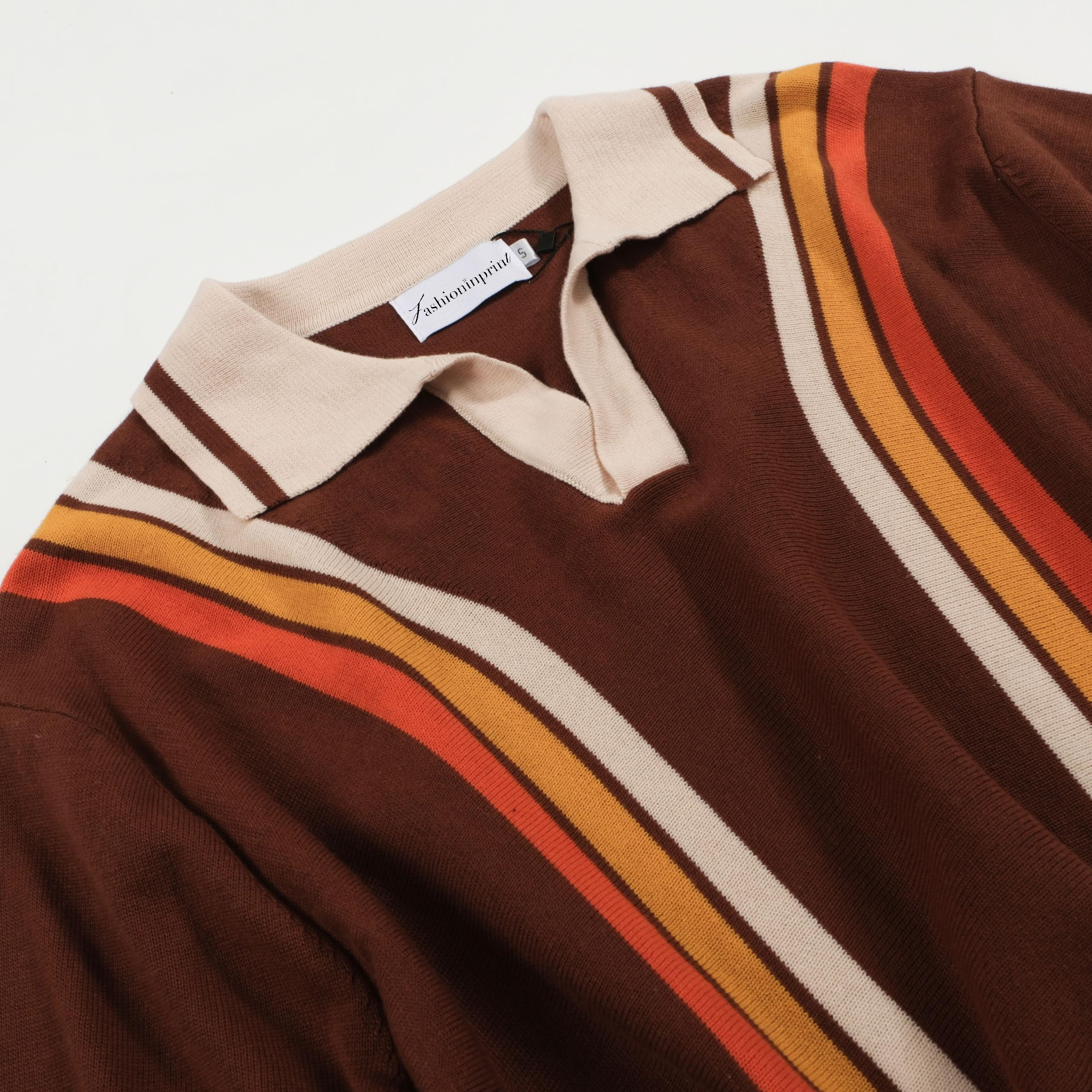Men's Maroon & Orange Striped Printed Short Sleeve Polo Shirt