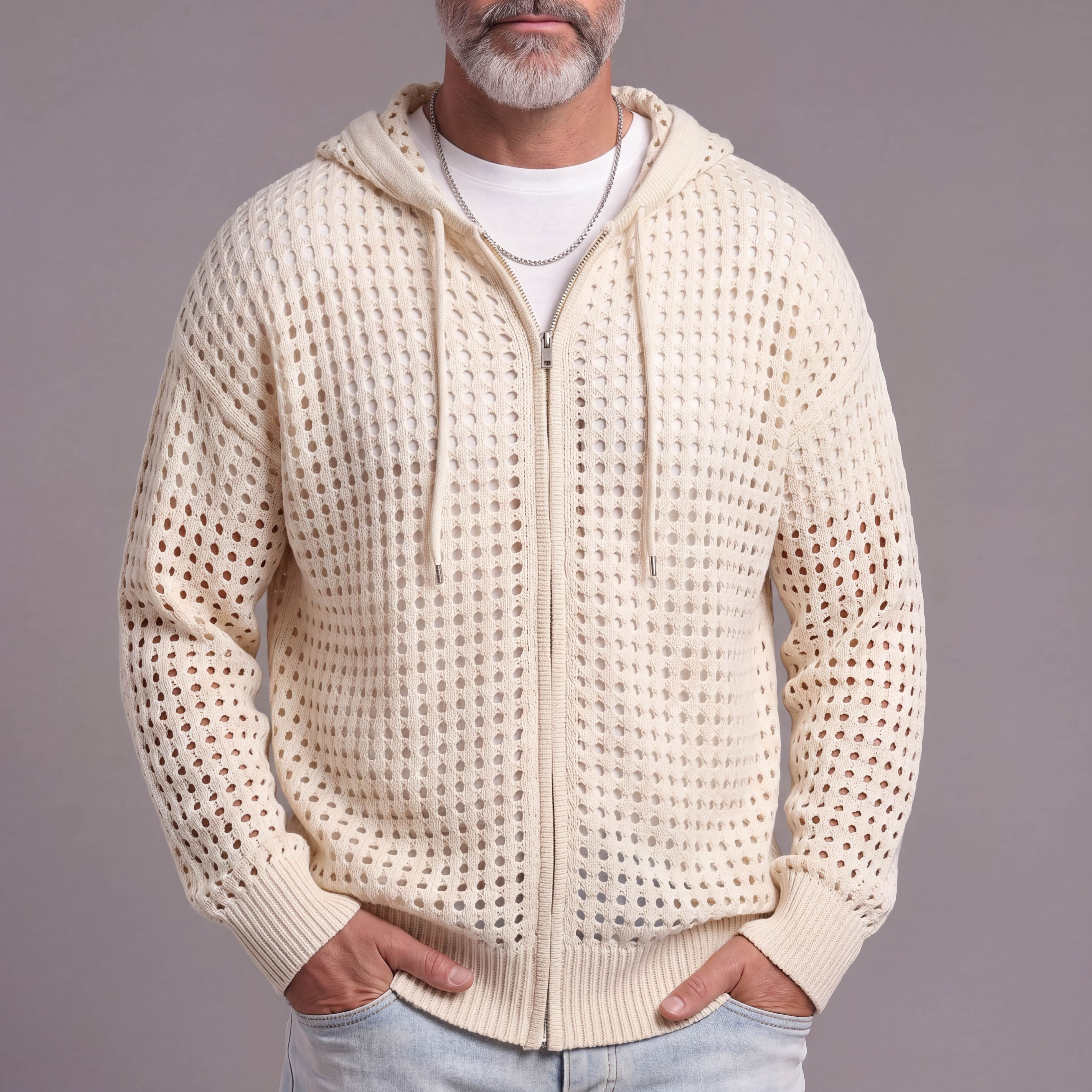 Men's Long-Sleeve Knitted Hooded Sweater With Openwork Design
