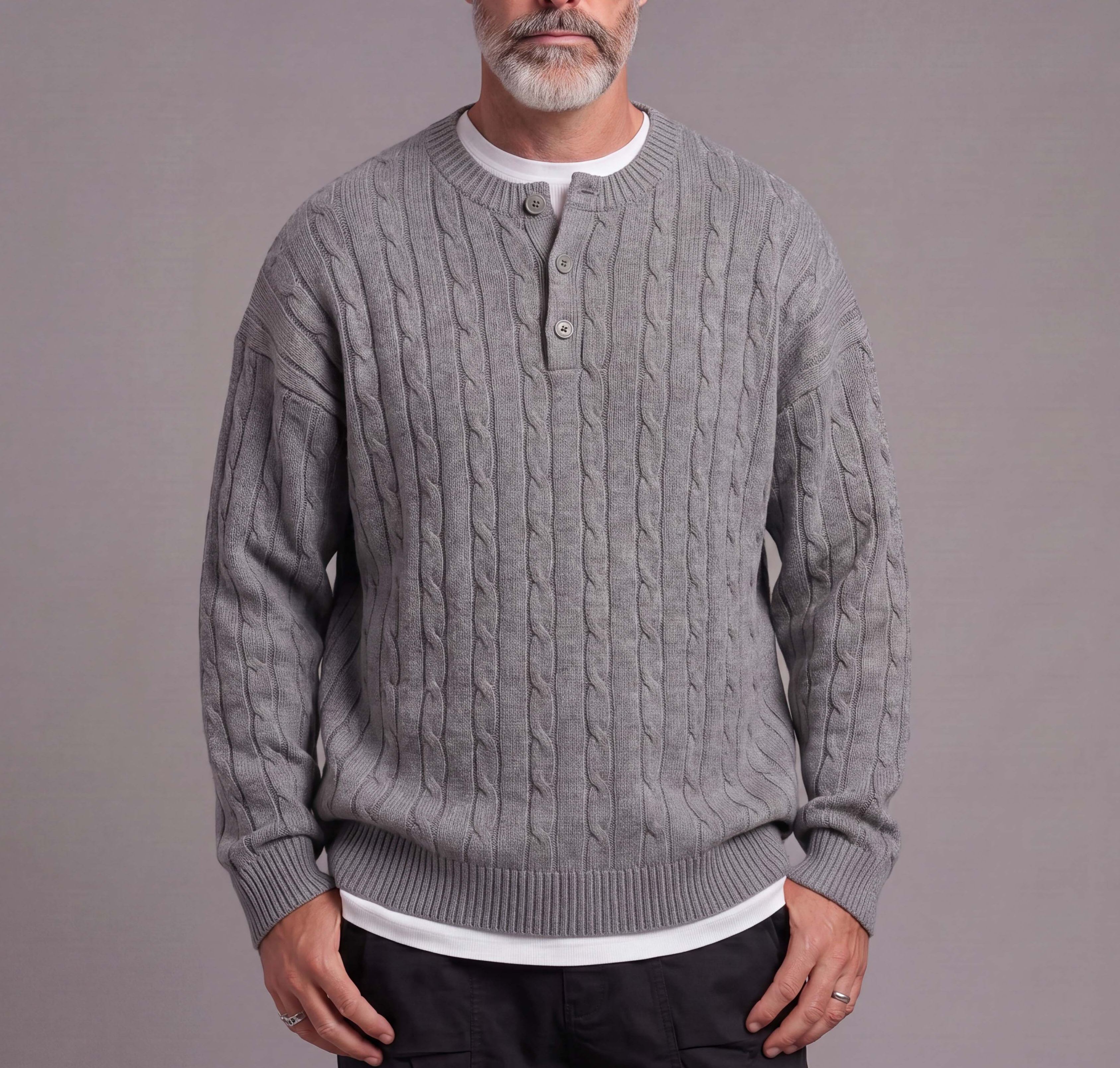Men's Henry-Neck Long-Sleeve Knit Sweater