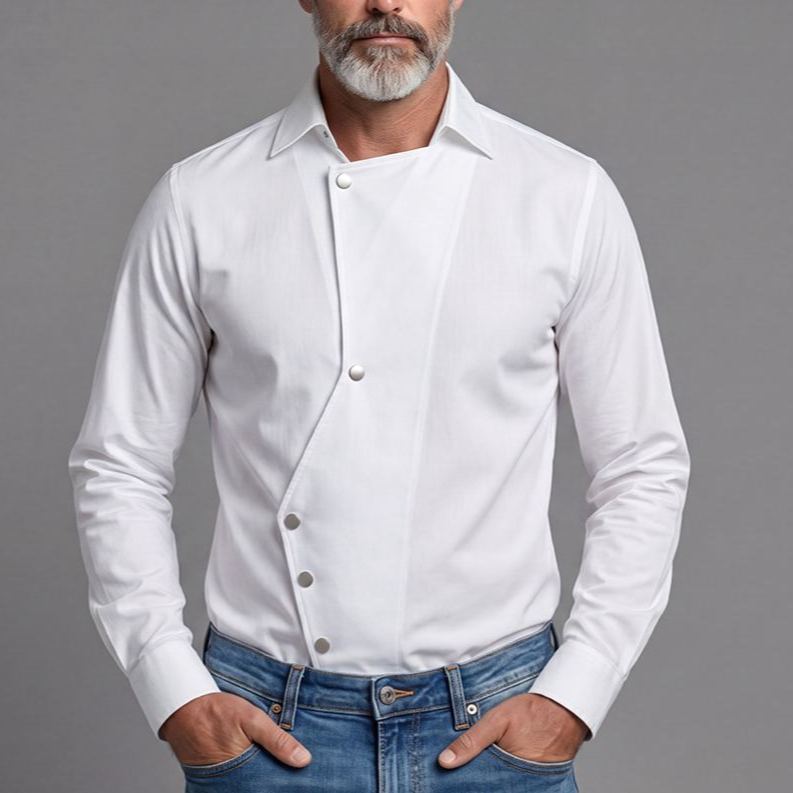 Stylish And Cool Men's Long-Sleeve Shirt With A Slanted Placket