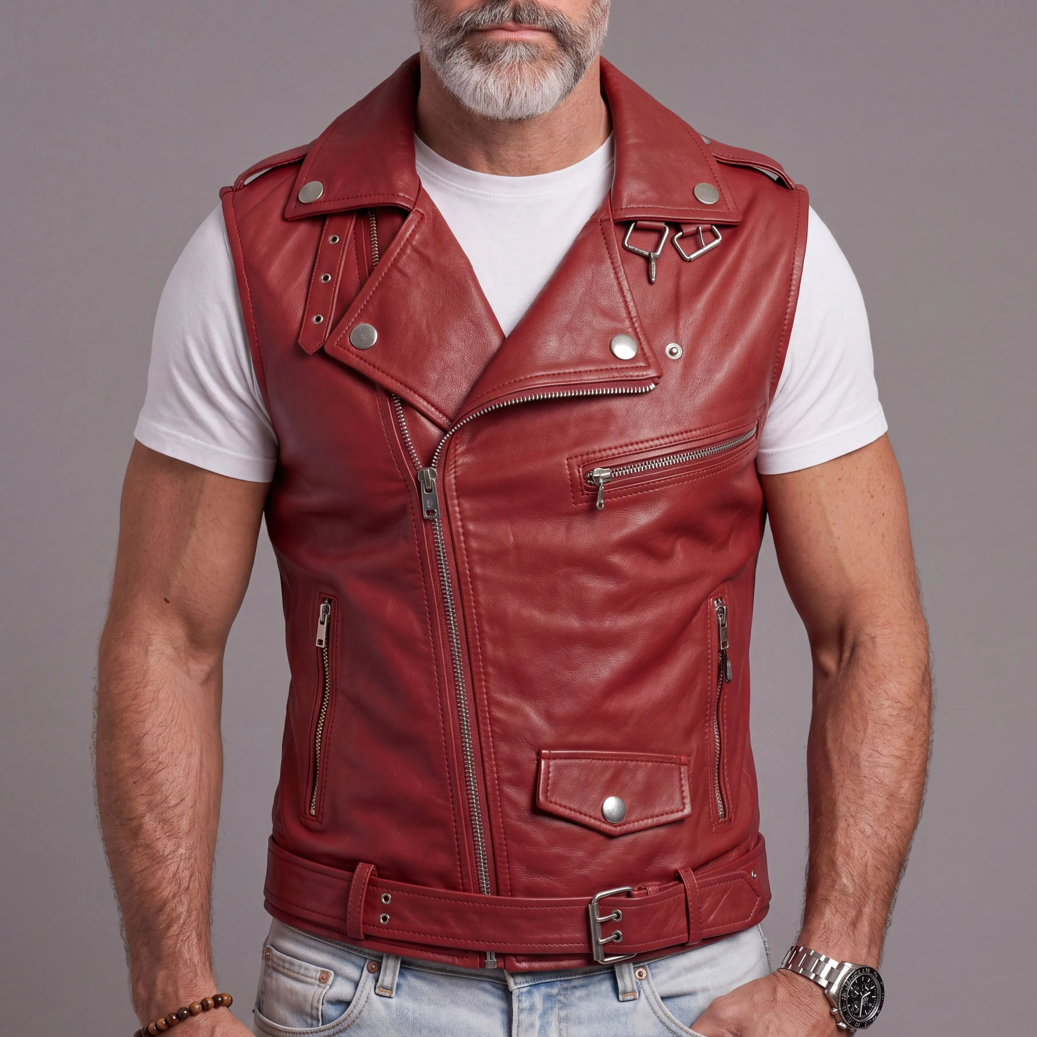 Men's Slim-Fit Short Leather Vest With Multiple Zippers And A Turn-Down Collar