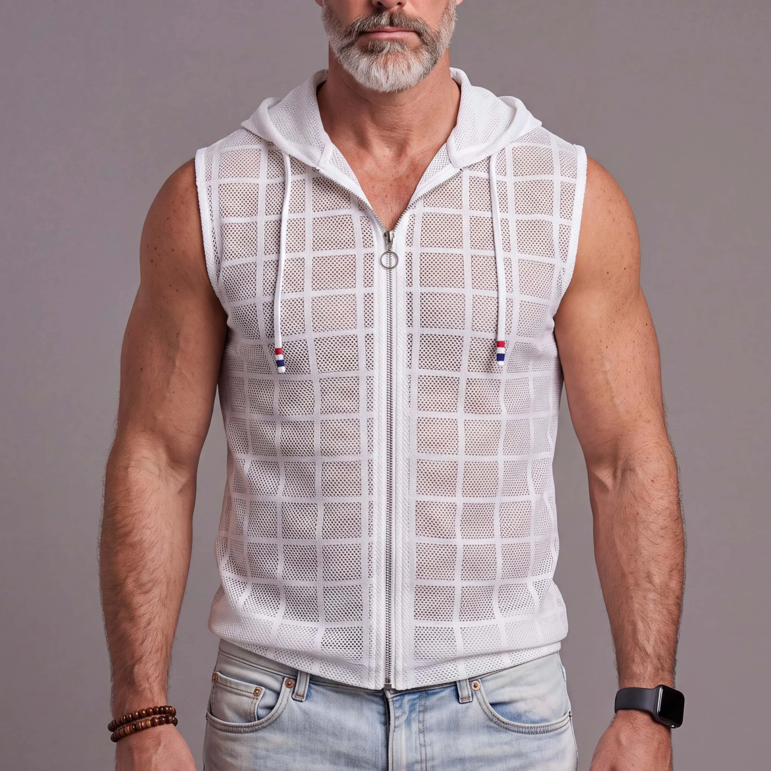 Summer Plaid Sleeveless T-Shirt For Men, Polo Collar, Loose Fit