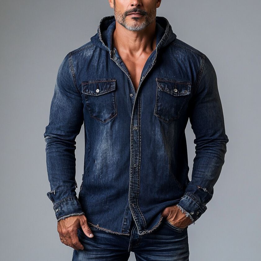Men's Denim Long Sleeve Button Chest Pocket Hooded Shirt