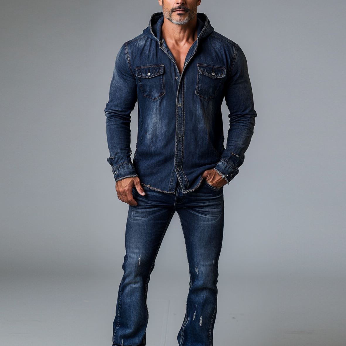 Men's Denim Long Sleeve Button Chest Pocket Hooded Shirt