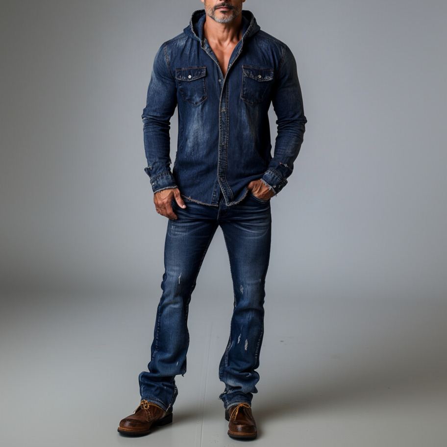 Men's Denim Long Sleeve Button Chest Pocket Hooded Shirt