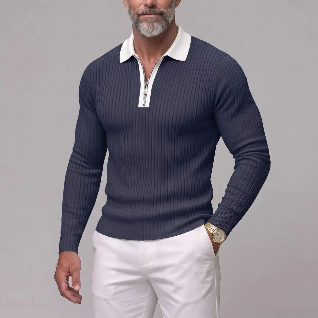 Men's Business Casual Solid Color Ribbed Knit Slim Zipper Long Sleeve Polo Shirt