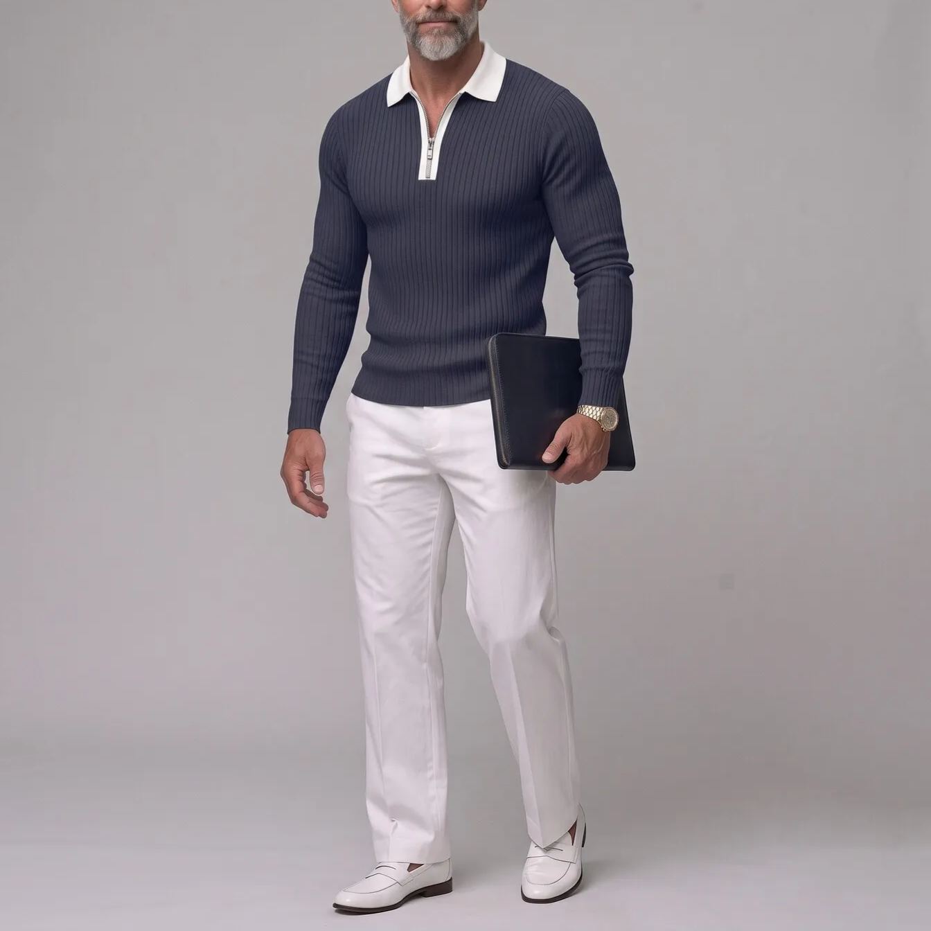 Men's Business Casual Solid Color Ribbed Knit Slim Zipper Long Sleeve Polo Shirt