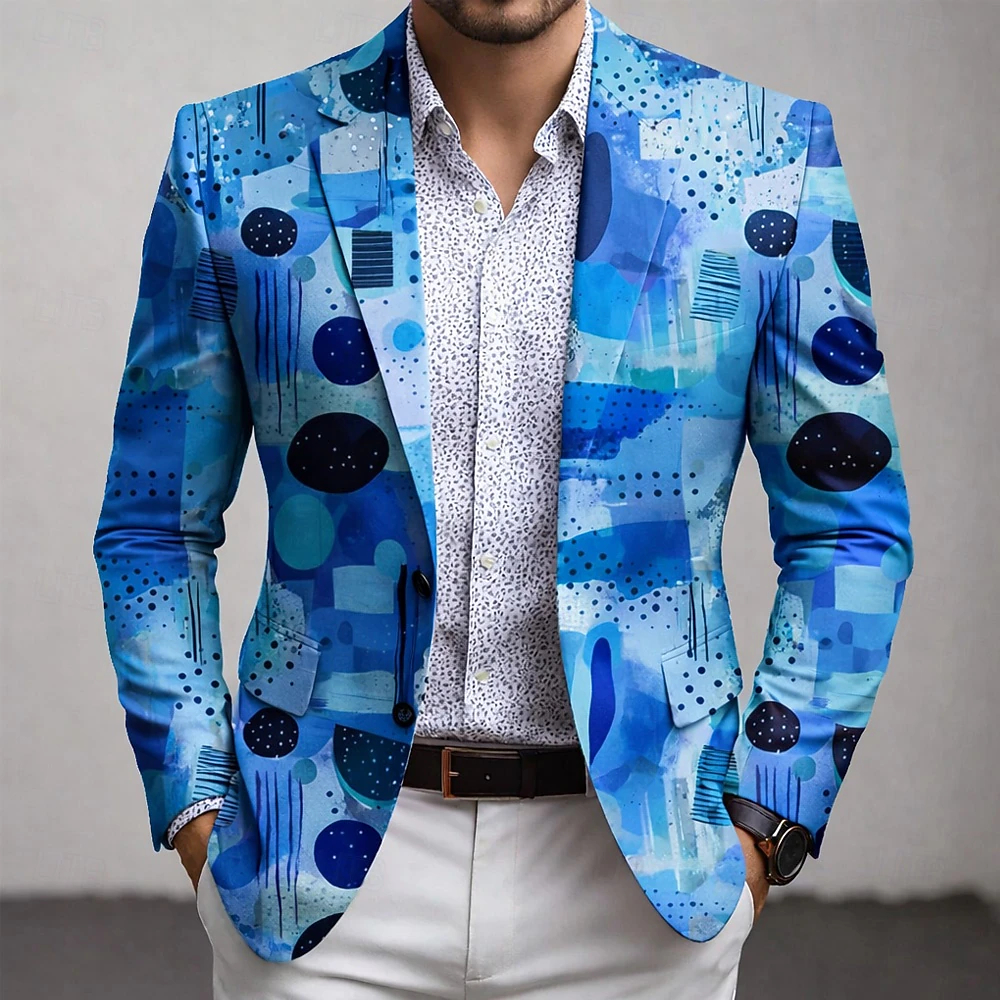  Men's Geometic Blazer Jacket Coat Fashion Comfortable Breathable Artistic Casual Casual Daily Party Evening Wear 3D Print Buttons Multi Pocket Fall & Winter Spring Flat collar Long Sleeve Blue Purple