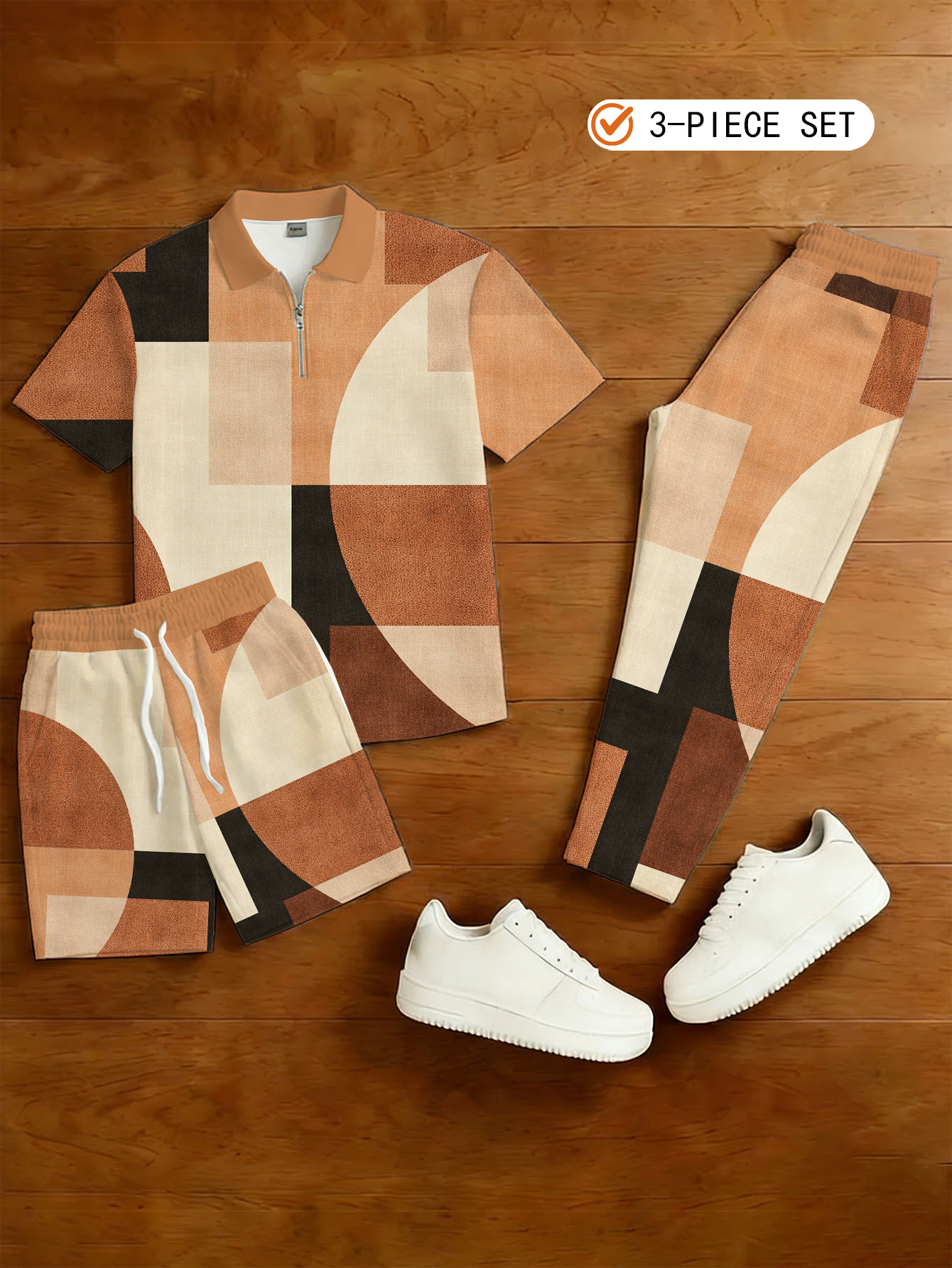 Men's Casual 3-Piece Set Including A Half-Zip Short-Sleeved Shirt, Shorts, And Trousers