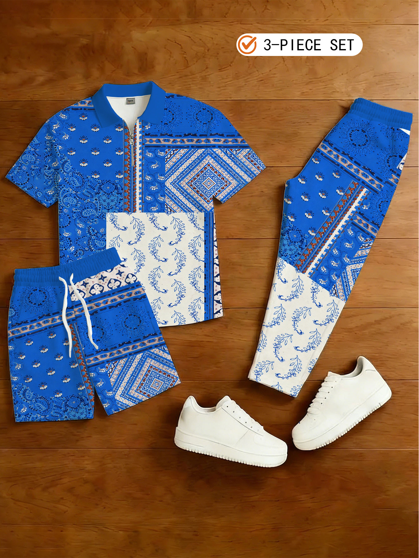 Men's Casual 3-Piece Set Including A Half-Zip Short-Sleeved Shirt, Shorts, And Trousers