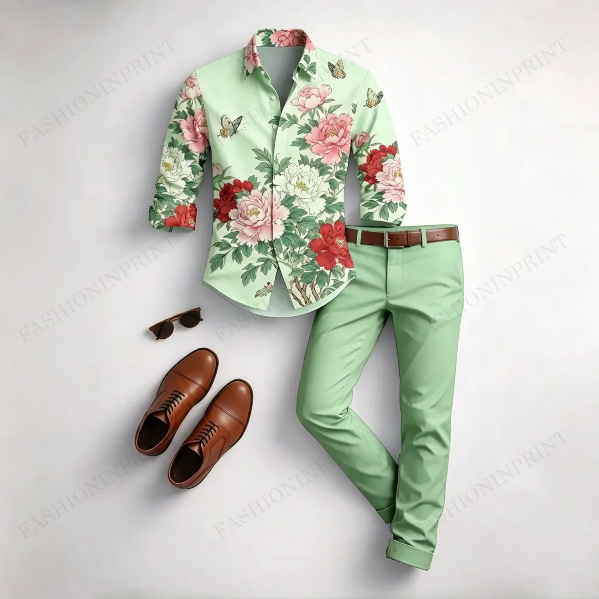 Men's Casual White Floral Print Long-Sleeved Shirt And Trousers Two-Piece Set