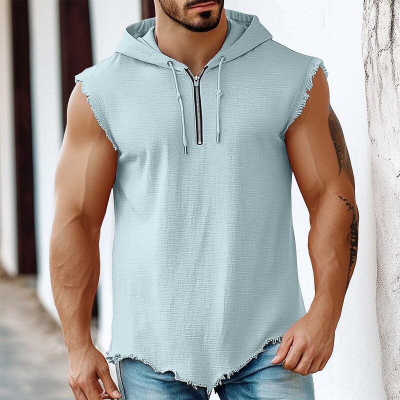 Men's Casual Light Blue Hooded Sleeveless Zipper Vest