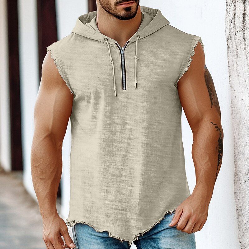 Men's Casual Khaki Hooded Sleeveless Zipper Vest
