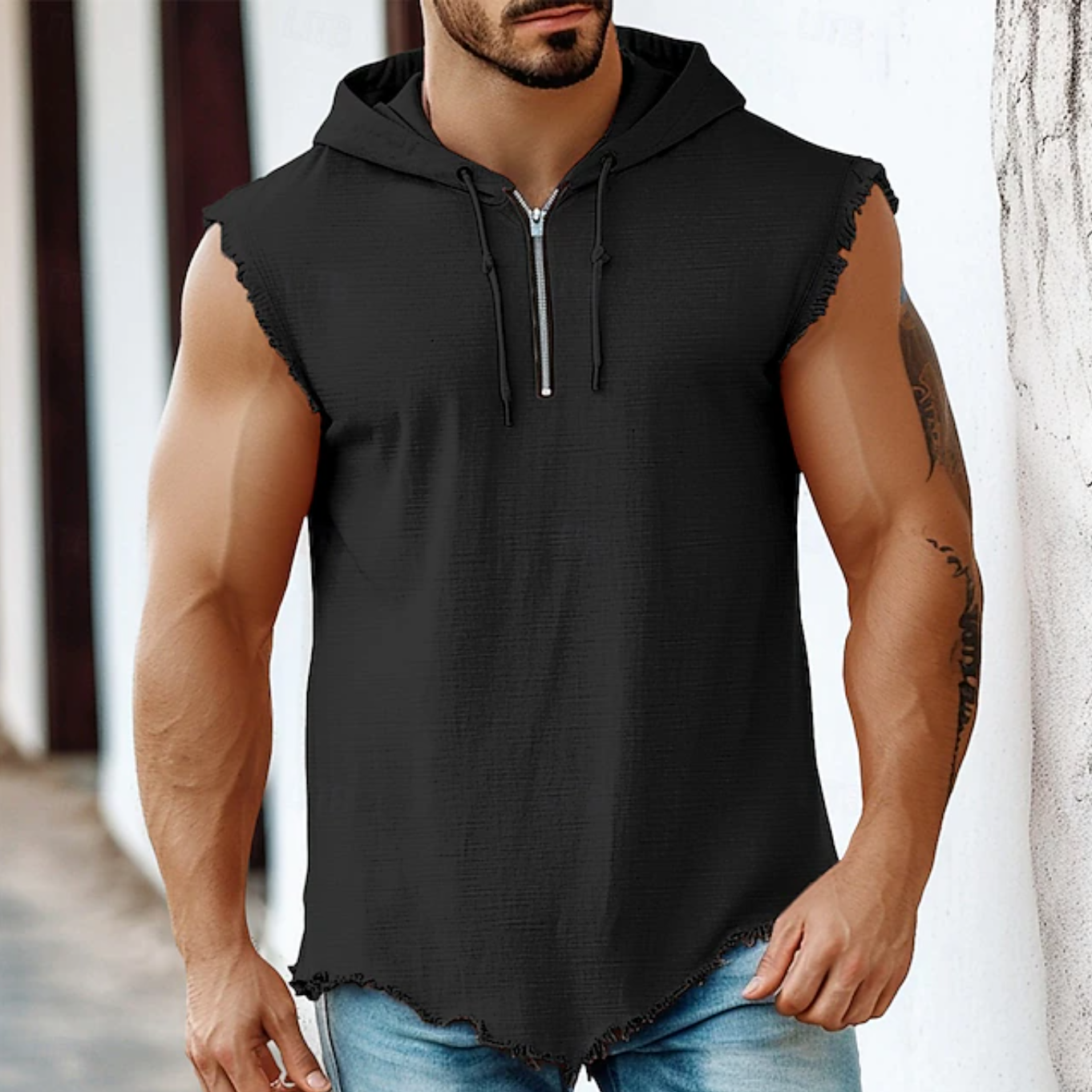 Men's Casual Black Hooded Sleeveless Zipper Vest