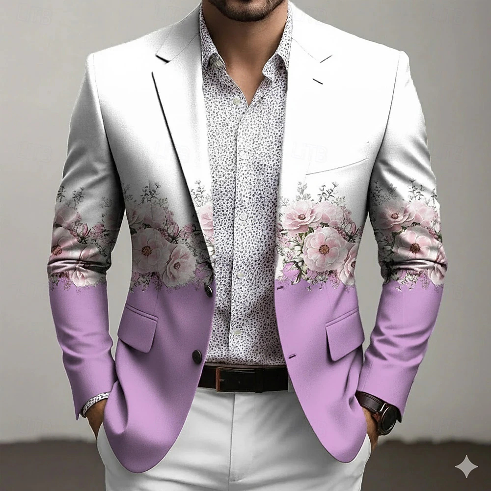  Men's Floral Print Blazer Jacket Coat Fashion Comfortable Breathable Artistic Casual Daily Party Evening Wear Causal 3D Print Buttons Multi Pocket Fall & Winter Spring Notch Long Sleeve Blue Pink