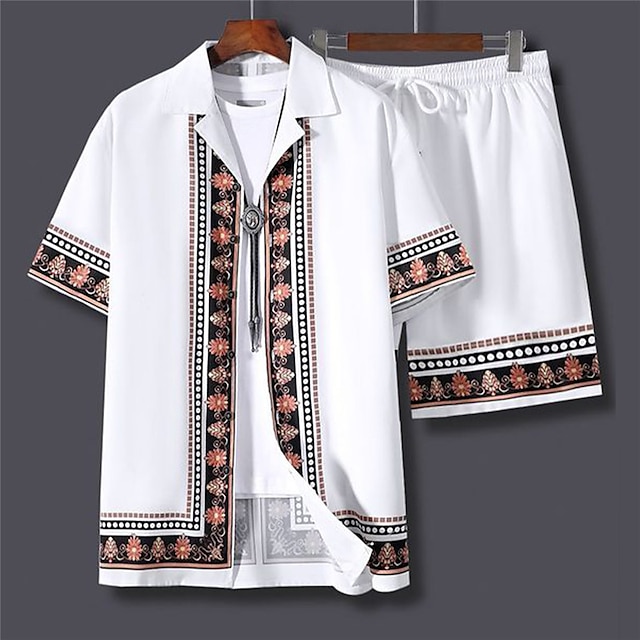 Men's Floral Print Totem Ethnic 2pcs Shirts Sets Summer Hawaiian Shirt Short Sleeve Short Pants Cuban Collar Fashion Streetwear Hawaiian Outdoor Street Daily Print Summer Spring White