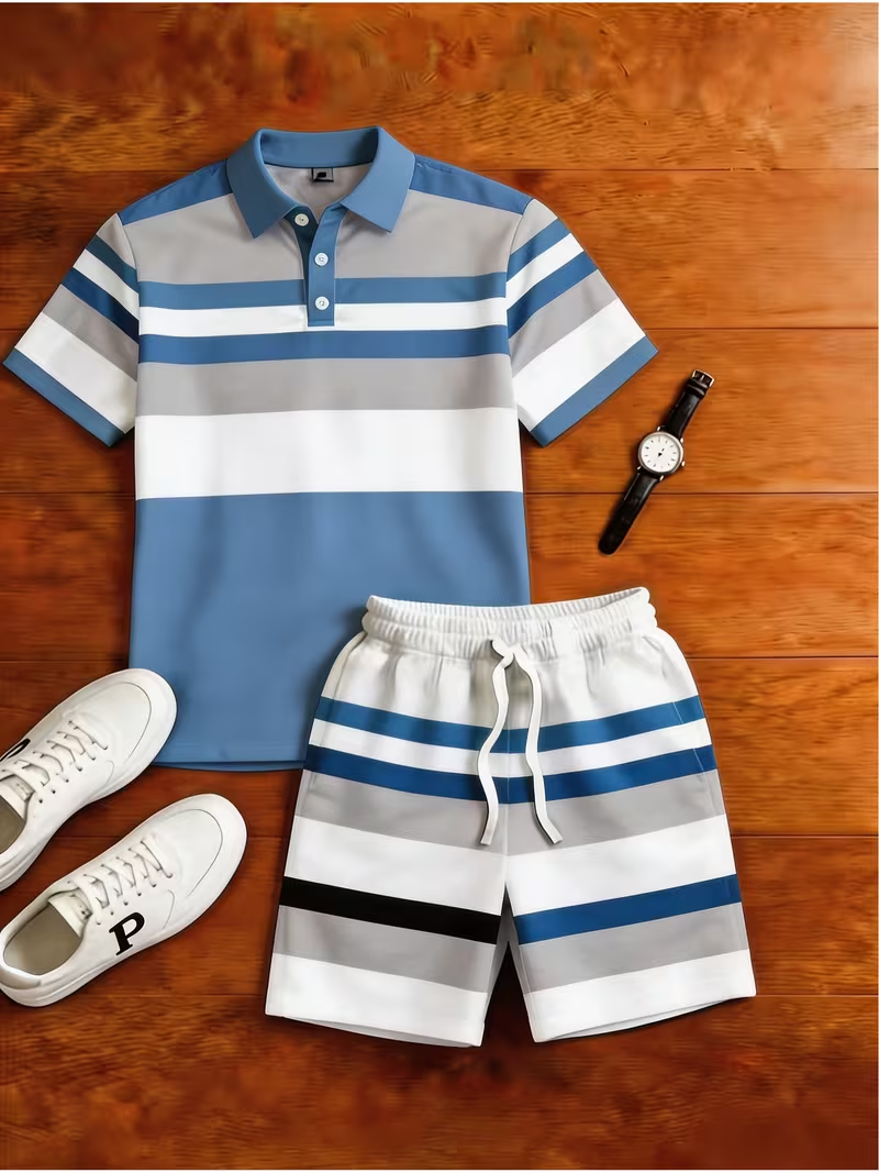Men's Casual Plaid Printed Polo Shirt And Pants Two-Piece Set