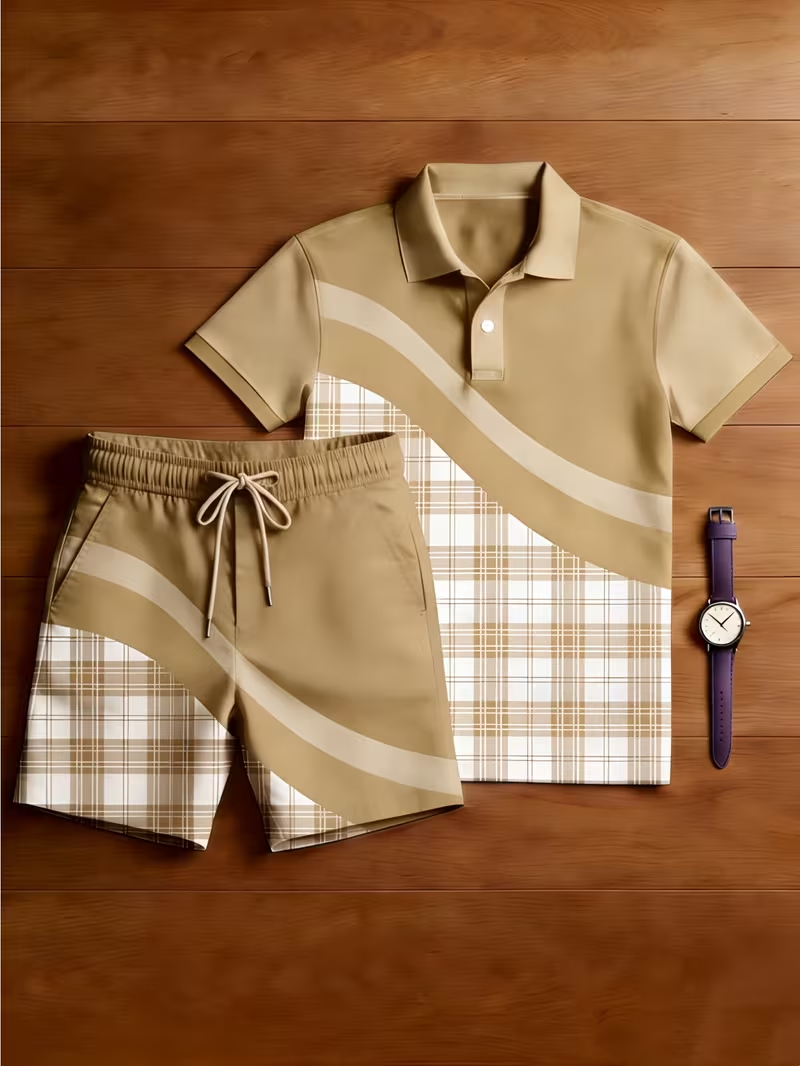 Men's Casual Printed Polo Shirt And Pants Two-Piece Set