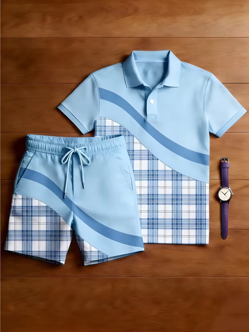 Men's Casual Printed Polo Shirt And Pants Two-Piece Set