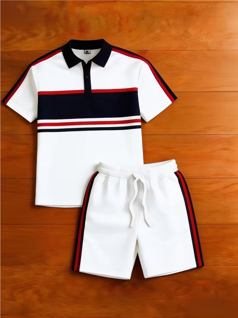 Men's Casual Plaid Printed Polo Shirt And Pants Two-Piece Set