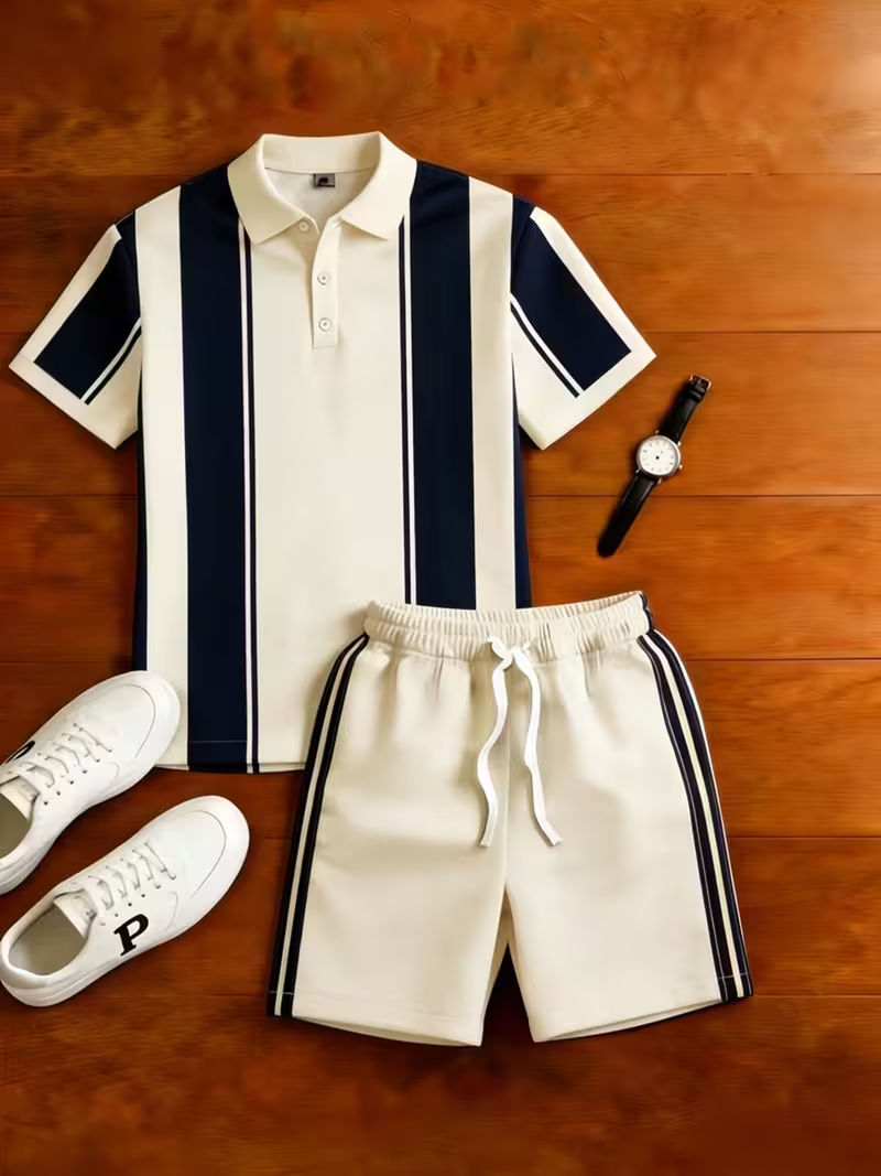 Men's Casual Plaid Printed Polo Shirt And Pants Two-Piece Set
