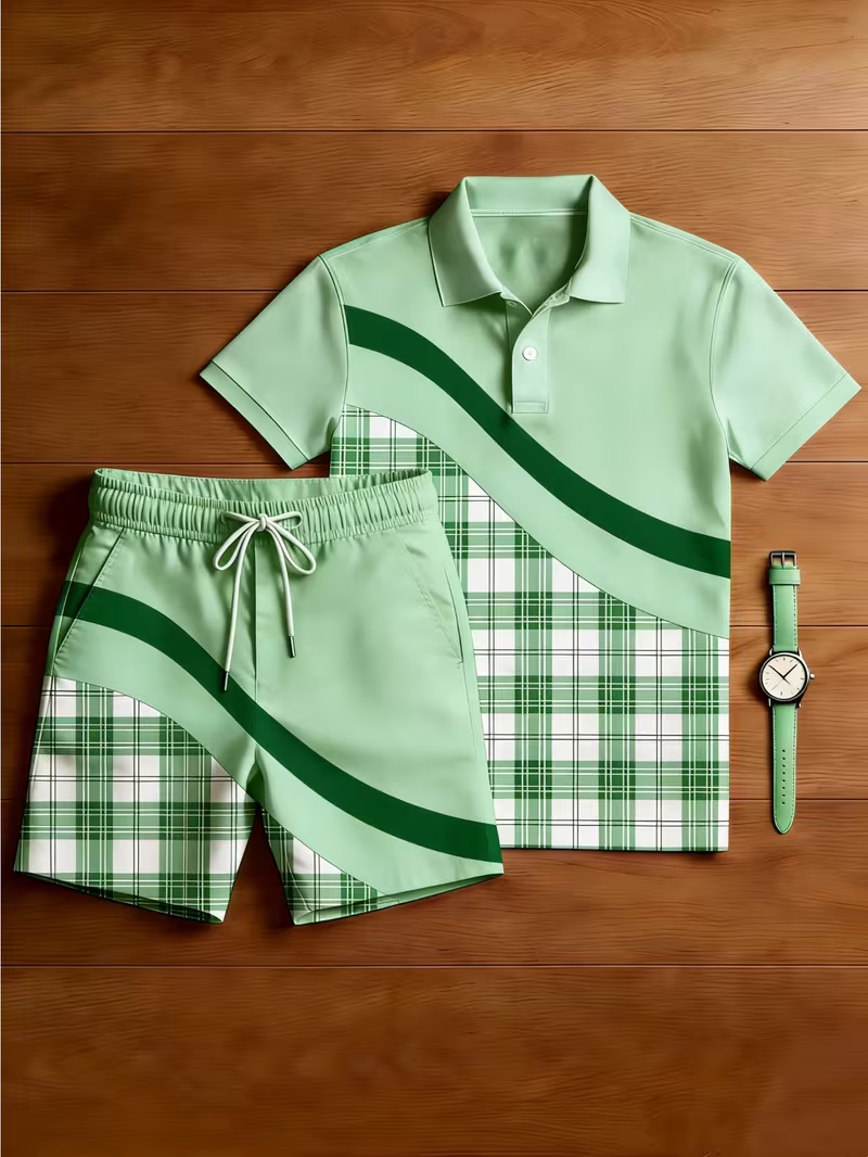 Men's Casual Printed Polo Shirt And Pants Two-Piece Set
