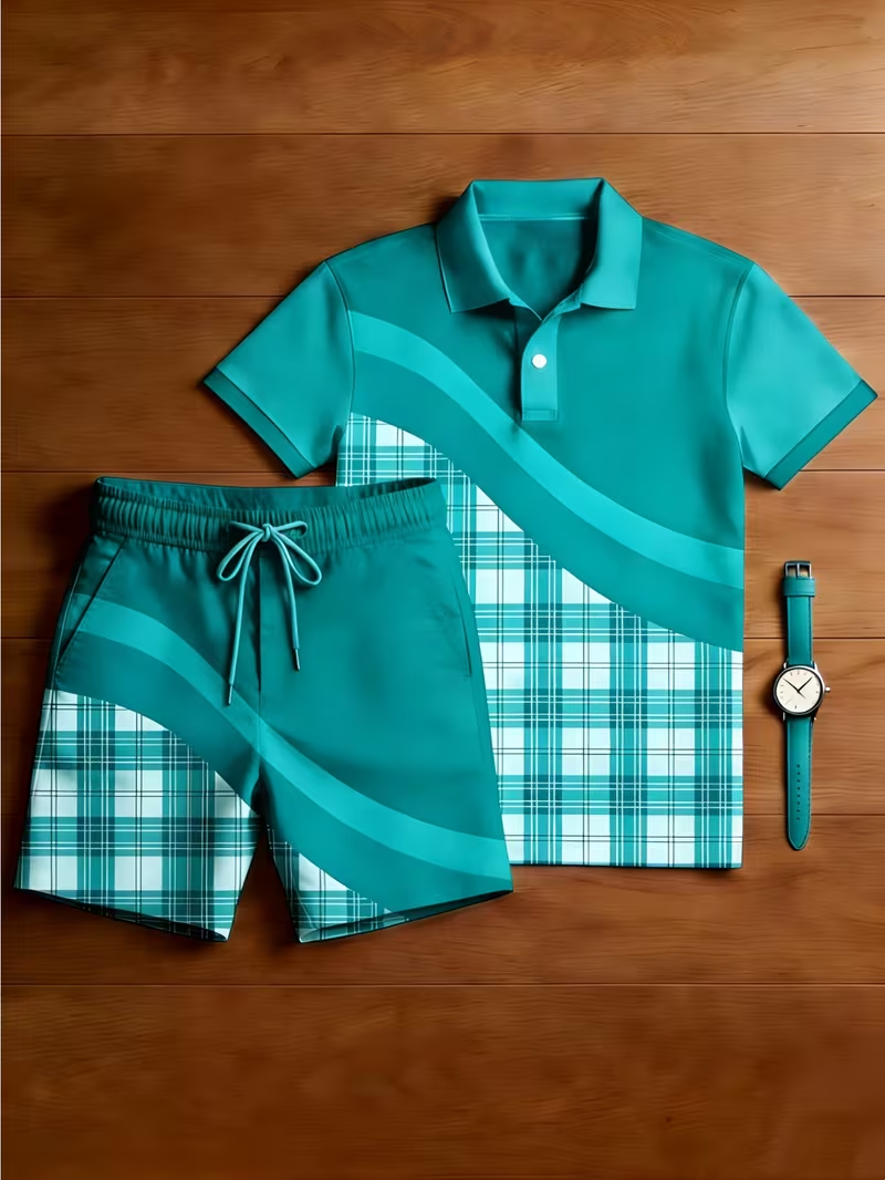 Men's Casual Printed Polo Shirt And Pants Two-Piece Set